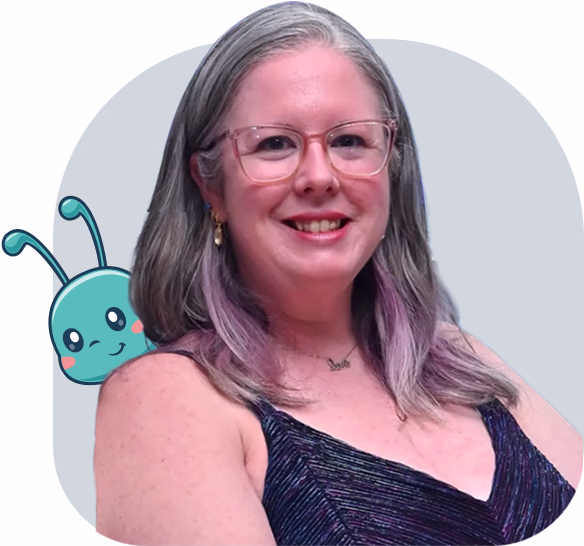 Danielle Woolley smiling with a friendly caterpillar illustration on a light background.