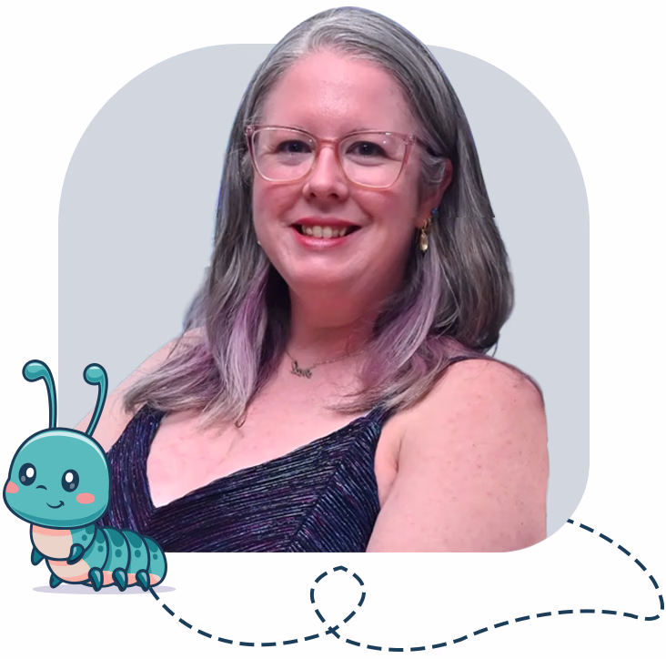 Danielle Woolley smiling with a friendly caterpillar illustration on a light background.