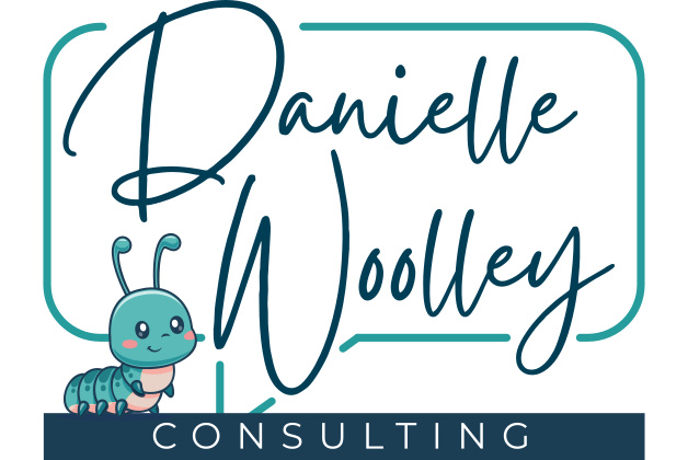 Danielle Woolley Consulting logo featuring the company name with a friendly blue-green caterpillar mascot.